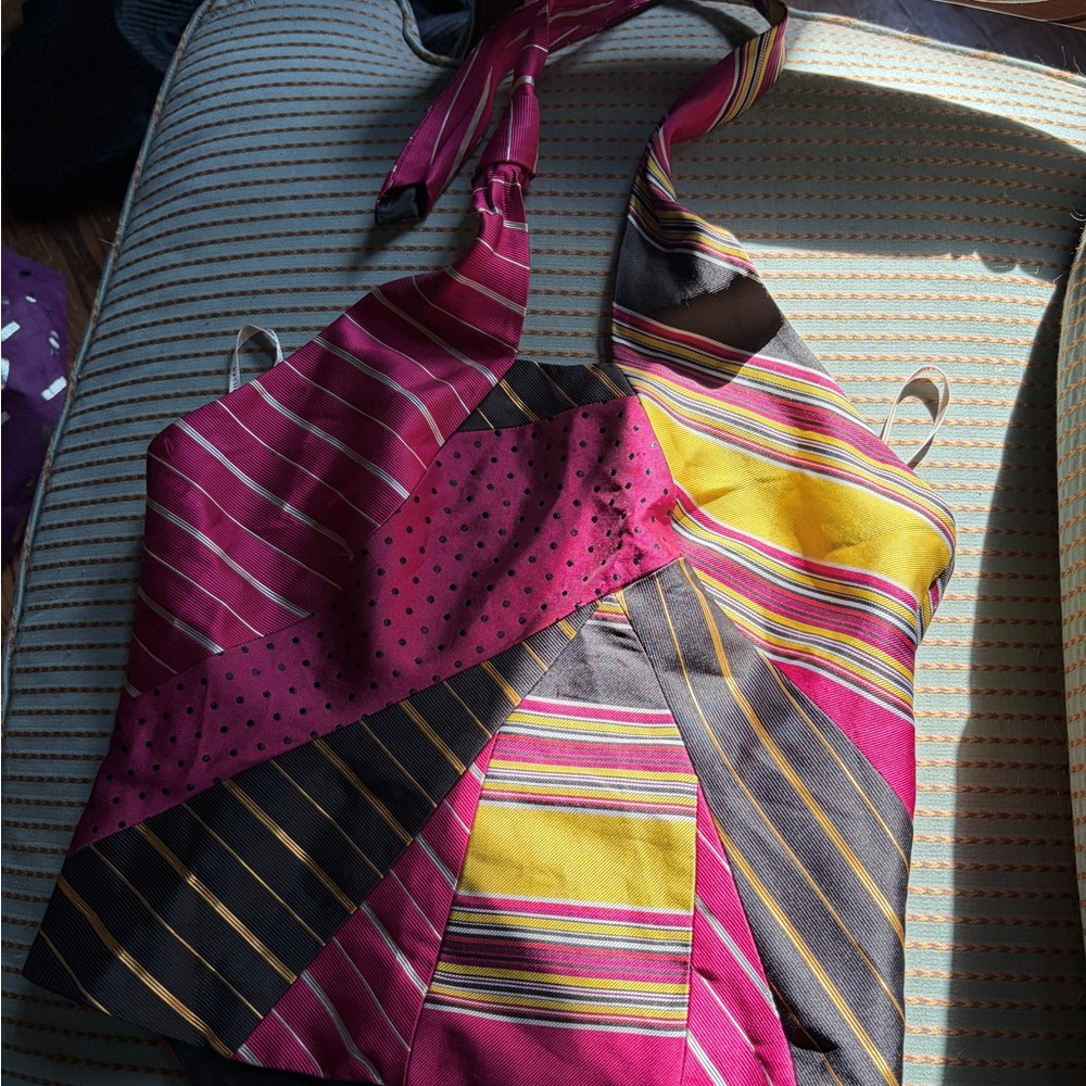 Karen Millen Black Satin Lined halter top with Pink Striped ties. Size 6